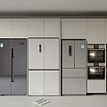 Modern Kitchen Appliances Arranged In Row With Various Color Refrigerators And Ovens