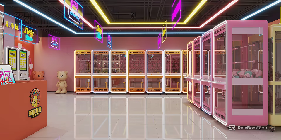 Pink Orange Claw Machine Store With Neon Lights White Tiled Floor And Plush Bear 3d model 