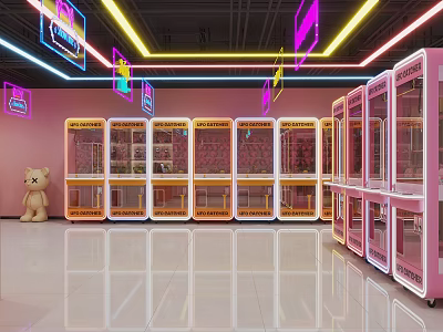 Pink Orange Claw Machine Store With Neon Lights White Tiled Floor And Plush Bear 3d model