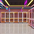 Pink Orange Claw Machine Store With Neon Lights White Tiled Floor And Plush Bear