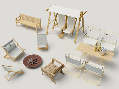 Outdoor Garden Furniture With Wooden Bench Swing Chair Lounge Chairs Dining Table And Fire Pit 3d model