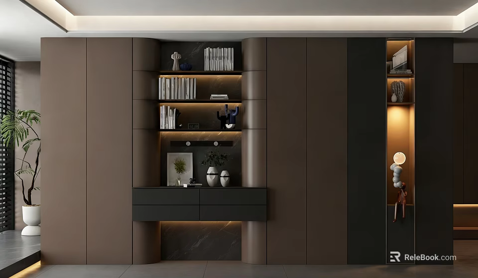 Modern Built in Bookcase Interior Design with Multiple Shelves Books and Decorative Lighting 3d model 