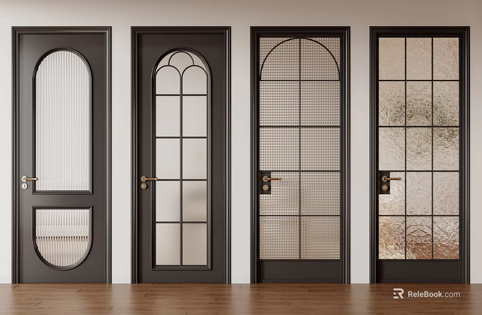 Black Hinged Doors With Various Glass Designs And Wooden Floor Background 3d model 
