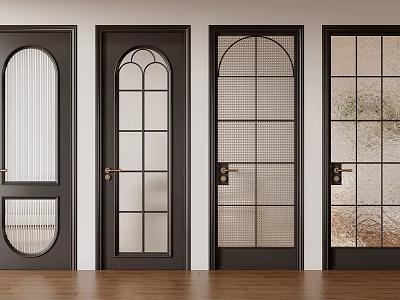 Black Hinged Doors With Various Glass Designs And Wooden Floor Background 3d model