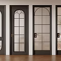 Black Hinged Doors With Various Glass Designs And Wooden Floor Background