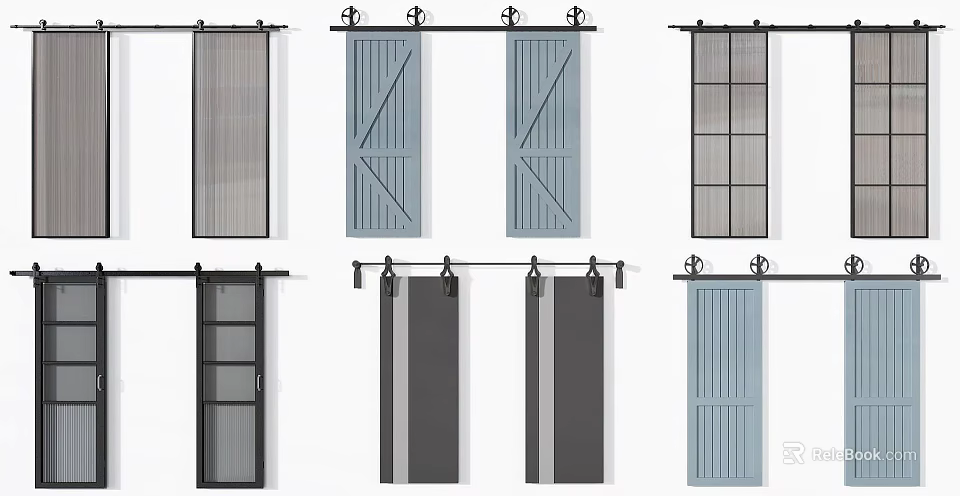 Sliding Door Components Featuring Various Designs With Wooden Grid Panel And Track System Elements 3d model 