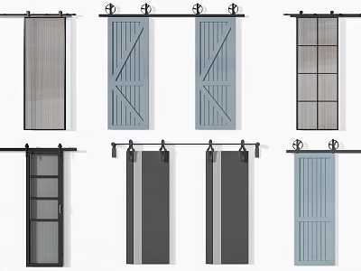 Sliding Door Components Featuring Various Designs With Wooden Grid Panel And Track System Elements 3d model
