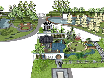 Traditional Park Landscape With Scenic Ponds Winding Paths Pavilion And Green Lawns 3d model