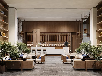 Modern Leisure Area Interior With Wooden Decor Green Plants And Comfortable Seating 3d model