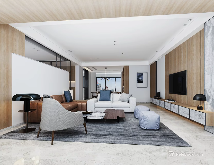 Modern Living Room Interior With Sofa Coffee Table TV And Wooden Panels 3d model 