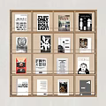 Stylish Wooden Bookshelf with Layered Compartments and Black White Red Book Covers