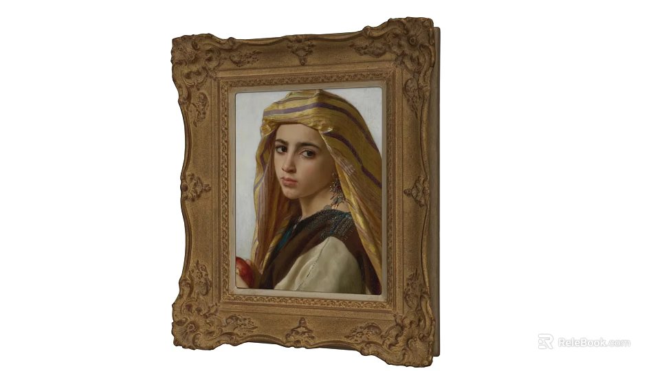 Classic Female Portrait Painting With Golden Carved Frame And Traditional Headscarf 3d model 