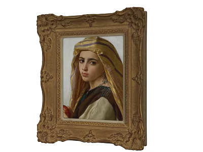 Classic Female Portrait Painting With Golden Carved Frame And Traditional Headscarf 3d model