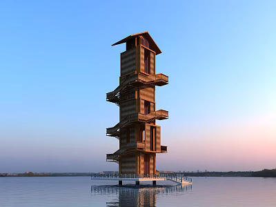 Modern Wooden Tower With Multiple Levels Standing On Water At Sunset Sky 3d model