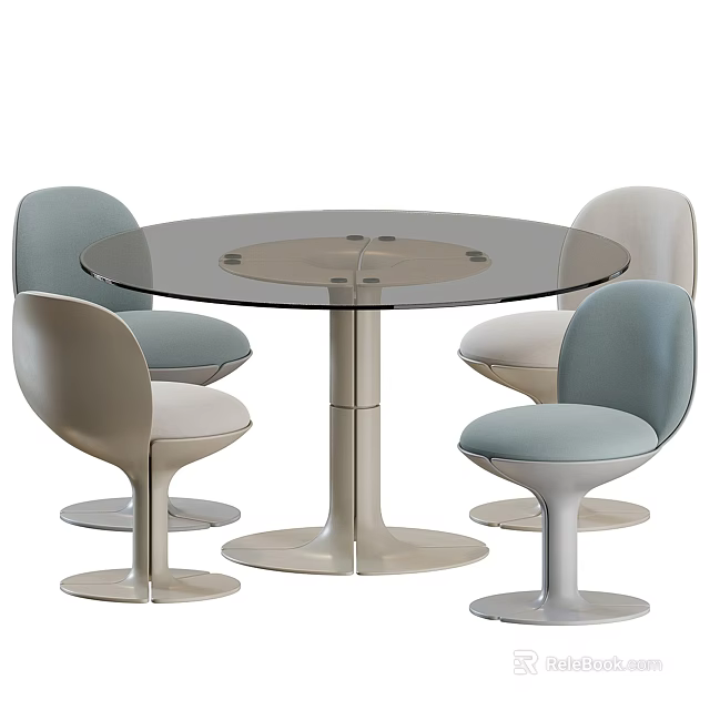 Modern Round Glass Top Table Chair Set With Light Gray Beige Chairs And Metal Base 3d model 