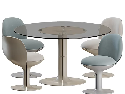 Modern Round Glass Top Table Chair Set With Light Gray Beige Chairs And Metal Base 3d model