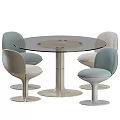 Modern Round Glass Top Table Chair Set With Light Gray Beige Chairs And Metal Base