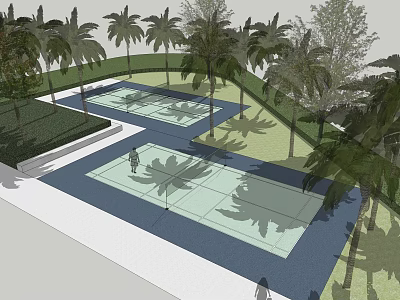Outdoor Tennis Courts For Fitness With Palm Trees Green Spaces And People Exercising 3d model