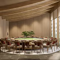 Private Dining Room With Modern Design Round Table Large Windows And Green Plant 3d model