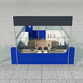 Modern Blue And White Service Counter With Glass Partitions And Computer Workstations