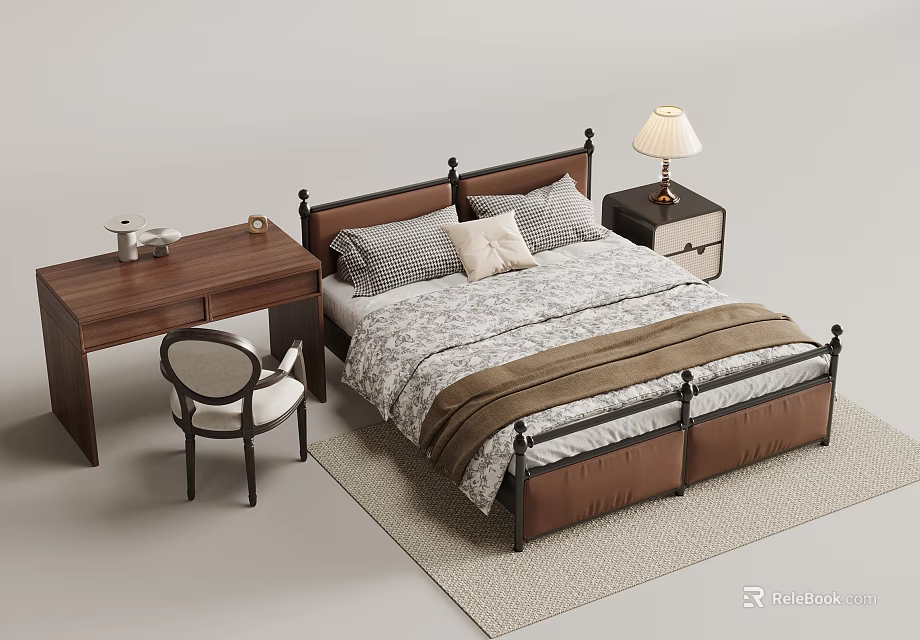 Modern Double Bed With Metal Frame Gray Beige Bedding Nightstand Table Lamp And Wooden Desk 3d model 
