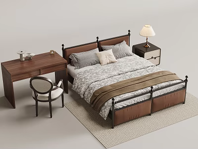 Modern Double Bed With Metal Frame Gray Beige Bedding Nightstand Table Lamp And Wooden Desk 3d model