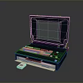 Dark Blue Portable Computer Featuring Open Screen Keyboard Drawer Tray And Small White Device