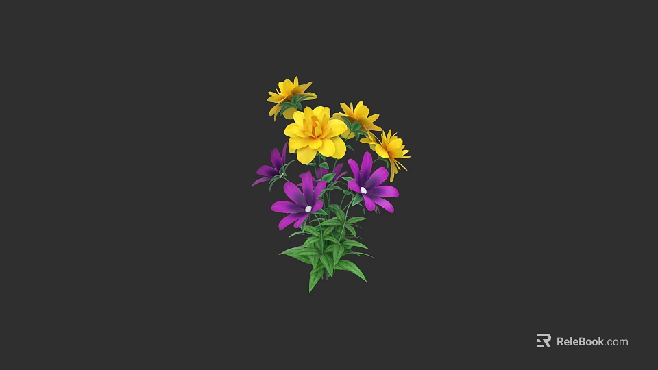 Vibrant Yellow And Purple Flowers With Lush Green Leaves In Bouquet 3d model 