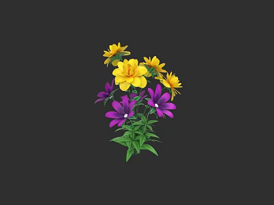 Vibrant Yellow And Purple Flowers With Lush Green Leaves In Bouquet 3d model