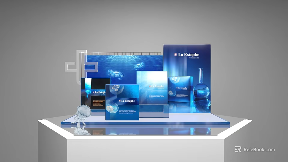 Modern L'Aube Product Display Stand With Blue Packaging And Ocean Elements 3d model 