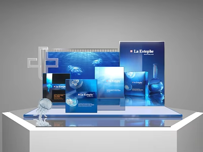 Modern L'Aube Product Display Stand With Blue Packaging And Ocean Elements 3d model
