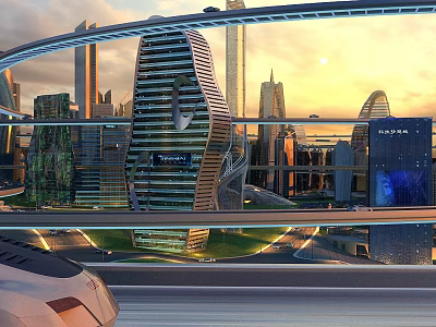 Futuristic Curved Skyscraper With Glass Facade In Modern City Skyline At Sunset 3d model