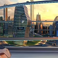 Futuristic Curved Skyscraper With Glass Facade In Modern City Skyline At Sunset