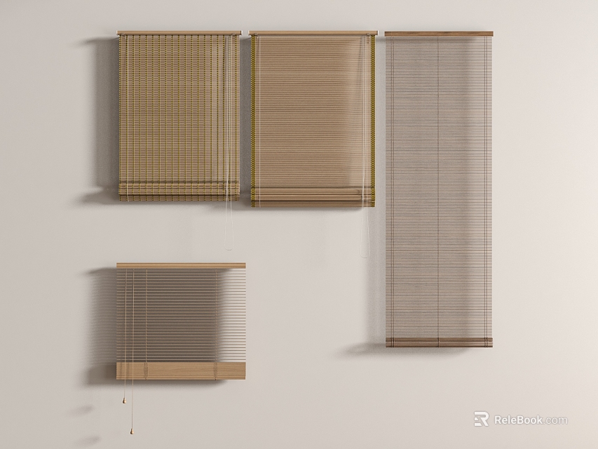 Wooden Window Blinds in Different Designs and Light Tones for Interior Decoration 3d model 