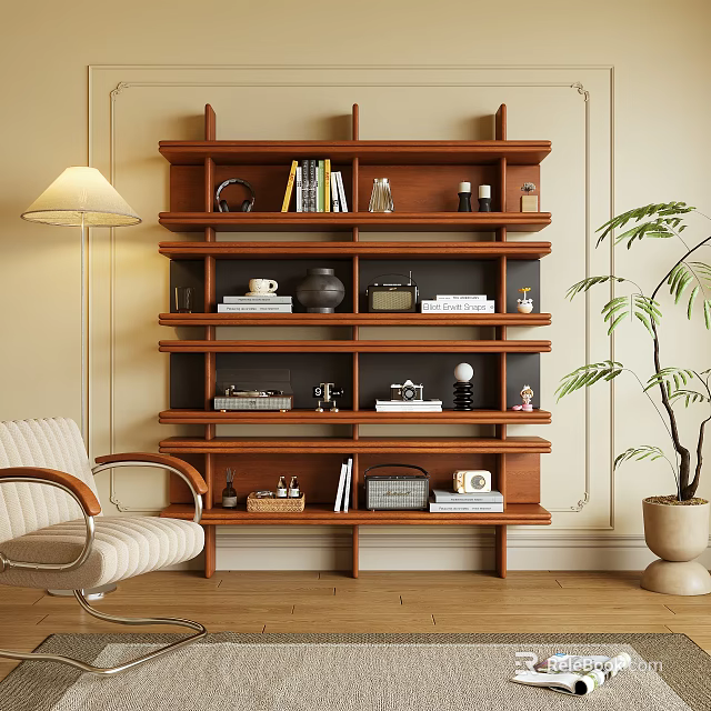 Multi Tiered Wooden Bookshelf With Books Decorative Items In Cozy Living Room 3d model 