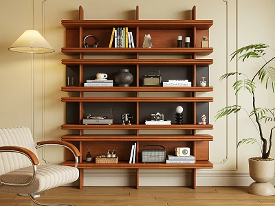 Multi Tiered Wooden Bookshelf With Books Decorative Items In Cozy Living Room 3d model