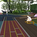 Kids Playground with Green Lawn Trees Slides Water Pool and Rock Features for Children Playing