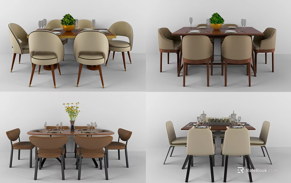 Modern Dining Table Set With Round Square Tables Beige Brown Chairs And Flower Vase 3d model