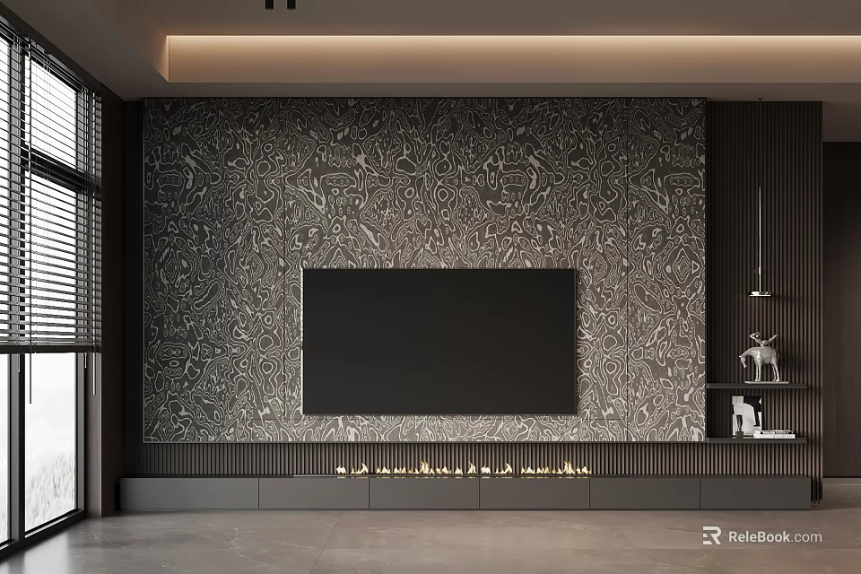 Modern TV Wall With Patterned Textured Background Central Flat Screen TV And Fireplace Design 3d model 