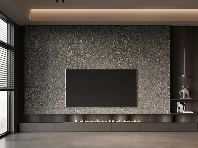 Modern TV Wall With Patterned Textured Background Central Flat Screen TV And Fireplace Design 3d model