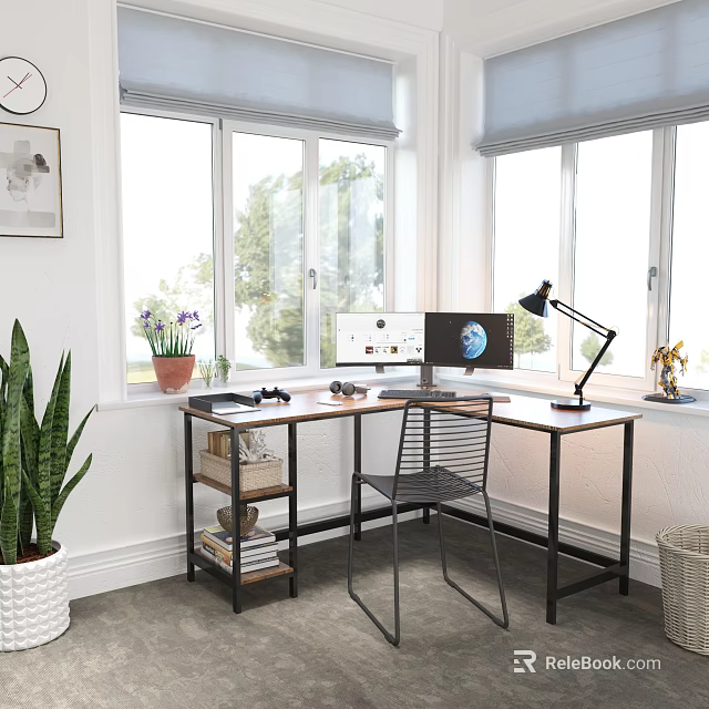 Modern Home Office Desk With Dual Monitors Desk Lamp Potted Plant And Bookshelf By Window 3d model 