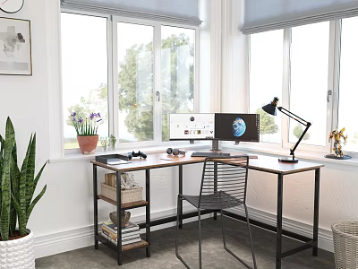 Modern Home Office Desk With Dual Monitors Desk Lamp Potted Plant And Bookshelf By Window 3d model