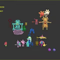 Cartoon Style Characters And Creatures Including Robots Deer Like Figure Small Bots And Umbrella Character