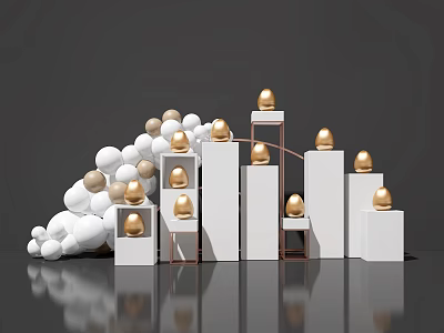 Elegant Window Display Design With White And Golden Eggs On Tiered Stands 3d model