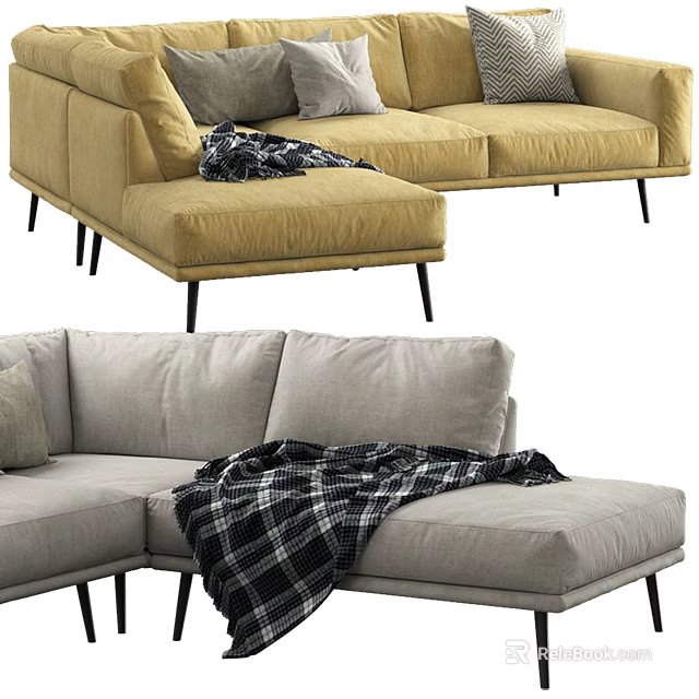 Modern Sectional Sofas In Yellow And Grey With Plush Pillows And Checkered Blanket 3d model