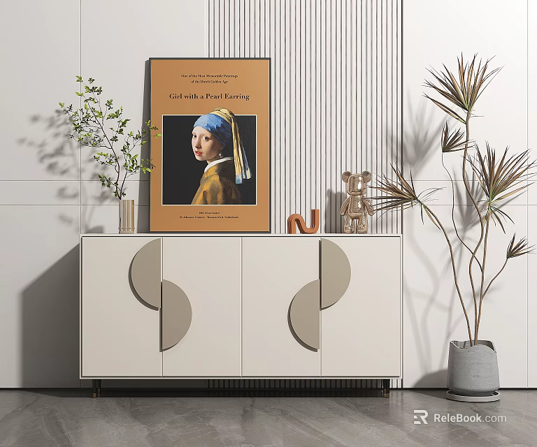 Modern White Entryway Side Cabinet With Circular Design Artwork Vase And Green Plant 3d model 