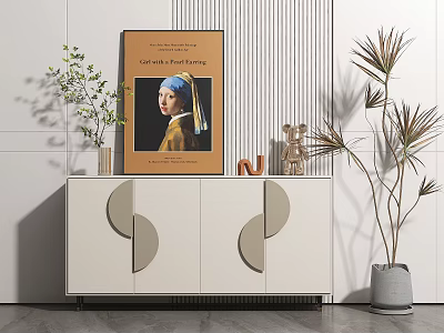 Modern White Entryway Side Cabinet With Circular Design Artwork Vase And Green Plant 3d model