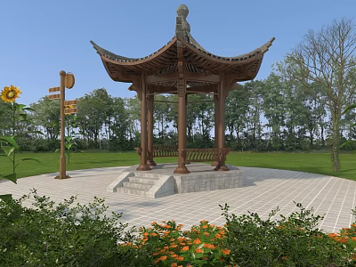 Park Signage Featuring Chinese Style Wooden Pavilion Sunflowers and Green Trees 3d model