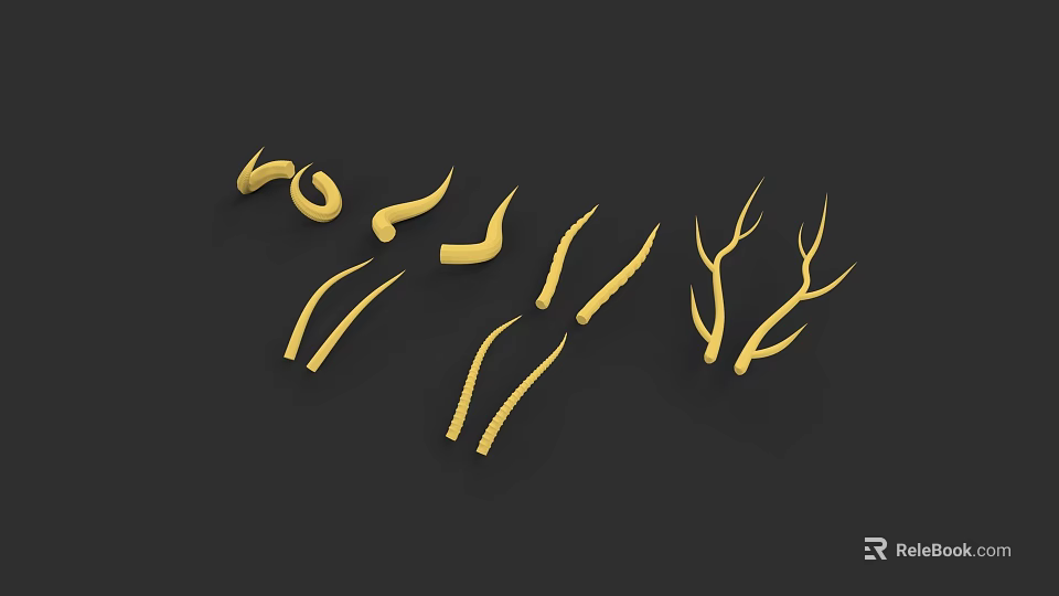 Golden Ornamental Horn And Branch Shapes With Various Designs On Black Background 3d model 