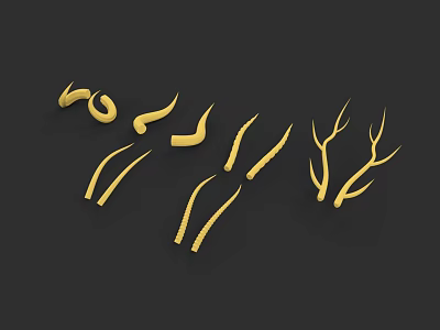 Golden Ornamental Horn And Branch Shapes With Various Designs On Black Background 3d model